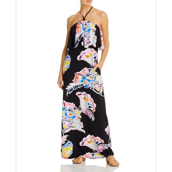 Trina Turk Seychelles Black & Multicolor Tropical Floral Swim Coverup Maxi Dress - Picture 1 of 10